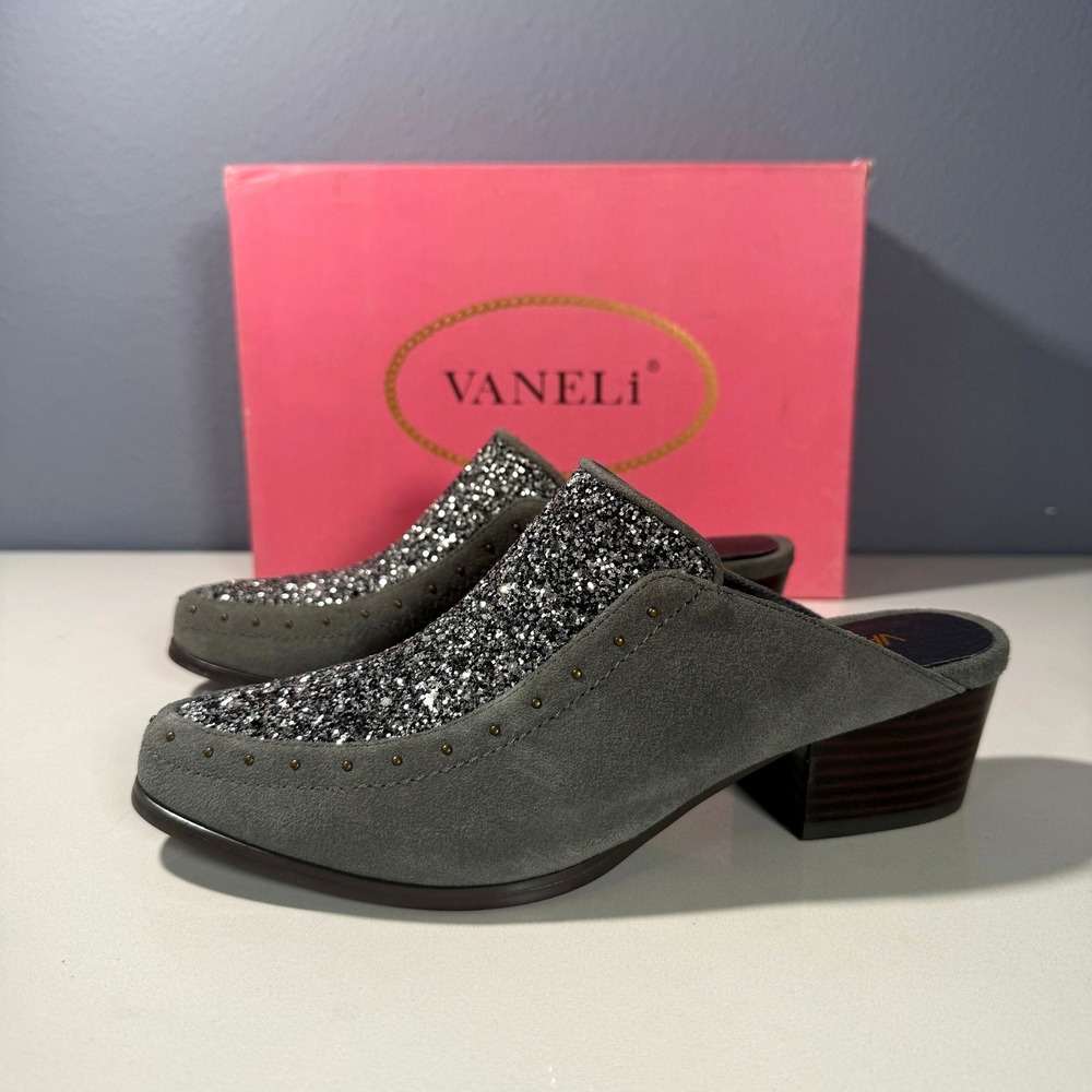 Vaneli Bary Taupe‎ Suede Glitter Studded Block Heel Mules Shoes Womens 6.5 M